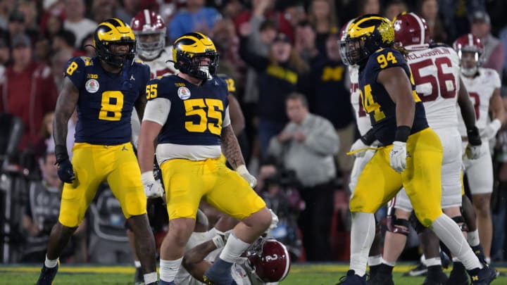 Jan 1, 2024; Pasadena, CA, USA; Michigan Wolverines defensive lineman Mason Graham (55) celebrates after a tackle against the Alabama Crimson Tide during overtime in the 2024 Rose Bowl college football playoff semifinal game at Rose Bowl. Mandatory Credit: Jayne Kamin-Oncea-USA TODAY Sports