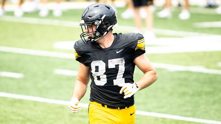 Aug 9, 2025; Iowa tight end Addison Ostrenga (87) lines up during the Hawkeyes Kids Day NCAA football open practice at Kinnick Stadium in Iowa City, Iowa. Mandatory Credit: Joseph Cress for the Des Moines Register