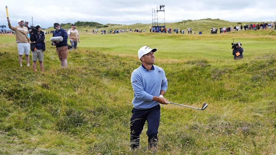 Xander Schauffele plays from the rough on the 13th hole during the second round of the 2024 British Open.