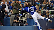Apr 20, 2017; Toronto, Ontario, CAN;  Neither Toronto Blue Jays catcher Jarrod Saltalamacchia (10) cannot catch a foul ball hit by Boston Red Sox designated hitter Hanley Ramirez (not pictured) in the first inning at Rogers Centre. Mandatory Credit: Dan Hamilton-Imagn Images