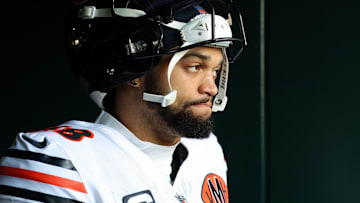 Nov 28, 2025; Philadelphia, Pennsylvania, USA; Chicago Bears quarterback Caleb Williams (18) looks on during warmups prior to the game against the Philadelphia Eagles at Lincoln Financial Field.