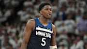 May 26, 2025; Minneapolis, Minnesota, USA; Minnesota Timberwolves guard Anthony Edwards (5) reacts against the Oklahoma City Thunder in the first half during game four of the western conference finals for the 2025 NBA Playoffs at Target Center. Mandatory Credit: Jesse Johnson-Imagn Images