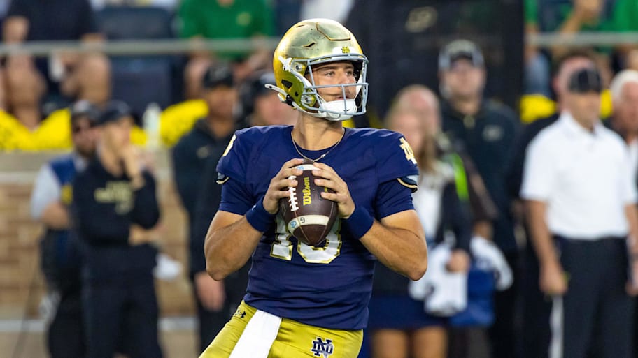 Notre Dame quarterback CJ Carr looks to pass against Purdue.