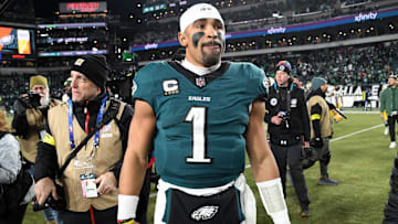 Jan 12, 2025; Philadelphia, Pennsylvania, USA; Philadelphia Eagles quarterback Jalen Hurts (1) reacts after the game against the Green Bay Packers in an NFC wild card game at Lincoln Financial Field. Mandatory Credit: Eric Hartline-Imagn Images