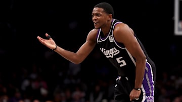 Jan 27, 2025; Brooklyn, New York, USA; Sacramento Kings guard De'Aaron Fox (5) reacts during the second quarter against the Brooklyn Nets at Barclays Center. Mandatory Credit: Brad Penner-Imagn Images
