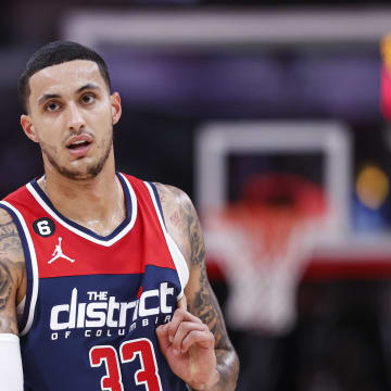 Dec 7, 2022; Chicago, Illinois, USA; Washington Wizards forward Kyle Kuzma (33) reacts during the first half of an NBA game against the Chicago Bulls at United Center. Mandatory Credit: Kamil Krzaczynski-USA TODAY Sports