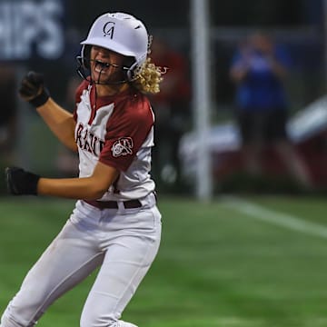 Caravel Academy pitcher Kasey Xenidis (17) reacts after singling and driving to run, during a DIAA STATE TOURNAMENT CHAMPIONSHIP GAME between #2 Sussex Central and #1 Caravel Academy Friday, May. 31, 2024; at UD Softball Stadium on the campus at The University Of Delaware in Newark, DE.