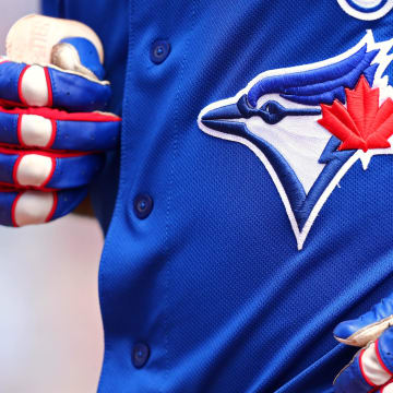 Mar 25, 2018; Dunedin, FL, USA; A view of the Blue Jays logo on an official Majestic game jersey during a game between the Pittsburgh Pirates and the Toronto Blue Jays at Florida Auto Exchange Stadium. Mandatory Credit: Aaron Doster-USA TODAY Sports