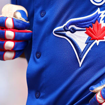 Mar 25, 2018; Dunedin, FL, USA; A view of the Blue Jays logo on an official Majestic game jersey during a game between the Pittsburgh Pirates and the Toronto Blue Jays at Florida Auto Exchange Stadium. Mandatory Credit: Aaron Doster-Imagn Images