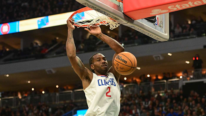 Mar 4, 2024; Milwaukee, Wisconsin, USA;  Los Angeles Clippers forward Kawhi Leonard (2) dunks the