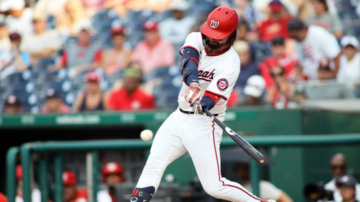 Jun 16, 2024; Washington, District of Columbia, USA; Washington Nationals outfielder Jesse Winker (6) grounds out during the seventh inning against the St. Louis Cardinals at Nationals Park. Mandatory Credit: Daniel Kucin Jr.-USA TODAY Sports