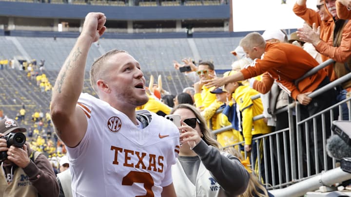 Texas Longhorns quarterback Quinn Ewers celebrates after emphatic road win in Ann Arbor.