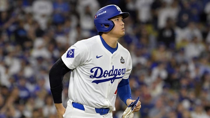 Oct 26, 2024; Los Angeles, California, USA; Los Angeles Dodgers designated hitter Shohei Ohtani (17) walks in the seventh inning against the New York Yankees during game two of the 2024 MLB World Series at Dodger Stadium. Mandatory Credit: Jayne Kamin-Oncea-Imagn Images