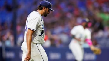 Jun 28, 2024; St. Petersburg, Florida, USA;  Tampa Bay Rays pitcher Zach Eflin (24) walks off the field against the Washington Nationals in the sixth inning at Tropicana Field. Mandatory Credit: Nathan Ray Seebeck-USA TODAY Sports