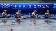 Jul 30, 2024; Vaires-sur-Marne, France; Emily Kallfelz, Kelsey Reelick, Daisy Mazzio-Manson, and Kate Knifton of the Unites States compete in womenís quadruple sculls during the Paris 2024 Olympic Summer Games at Vaires-sur-Marne Nautical Stadium. Mandatory Credit: Sarah Phipps-USA TODAY Sports