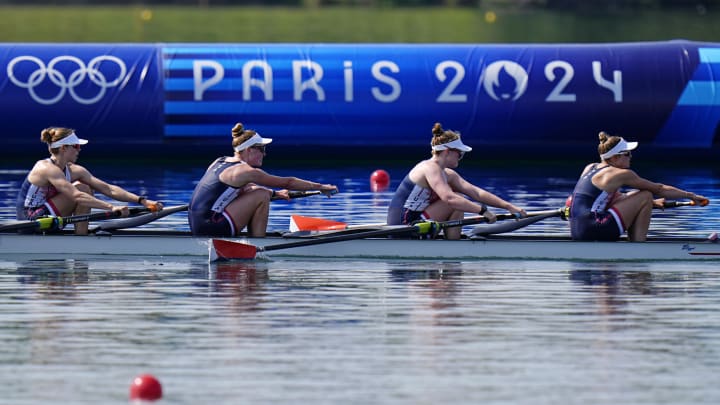 Jul 30, 2024; Vaires-sur-Marne, France; Emily Kallfelz, Kelsey Reelick, Daisy Mazzio-Manson, and Kate Knifton of the Unites States compete in womenís quadruple sculls during the Paris 2024 Olympic Summer Games at Vaires-sur-Marne Nautical Stadium. Mandatory Credit: Sarah Phipps-USA TODAY Sports