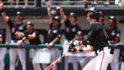Georgia's Charlie Condon (24) watches the ball fly after hitting a home run during a NCAA Athens Regional baseball game against Army in Athens, Ga., on Friday, May 31, 2024. Georgia won 8-7.