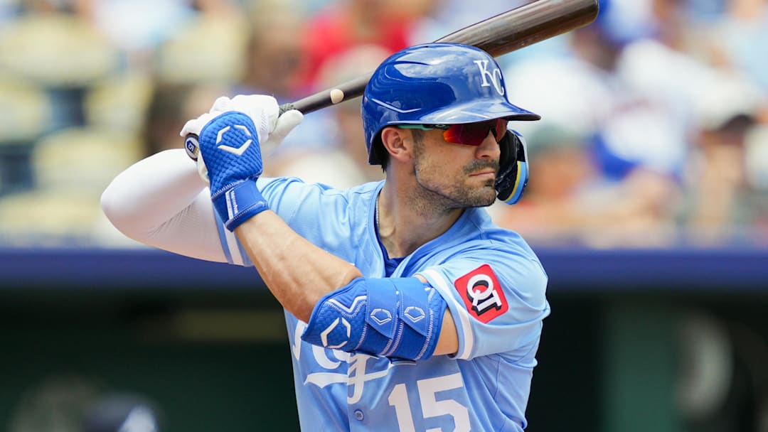 Jul 30, 2025; Kansas City, Missouri, USA; Kansas City Royals right fielder Randal Grichuk (15) bats during the second inning against the Atlanta Braves at Kauffman Stadium. Mandatory Credit: Jay Biggerstaff-Imagn Images