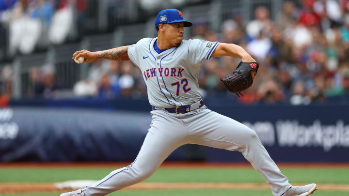 [US, Mexico & Canada customers only] June 9, 2024; London, UNITED KINGDOM;  New York Mets pitcher Dedniel Nunez throws against the Philadelphia Phillies during a London Series baseball game at Queen Elizabeth Olympic Park. Mandatory Credit: Matthew Childs/Reuters via USA TODAY Sports