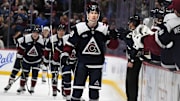 Jan 31, 2025; Denver, Colorado, USA; Colorado Avalanche center Martin Necas (88) celebrates after a goal during the first period against the St. Louis Blues at Ball Arena. Mandatory Credit: Christopher Hanewinckel-Imagn Images