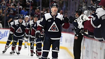 Jan 31, 2025; Denver, Colorado, USA; Colorado Avalanche center Martin Necas (88) celebrates after a goal during the first period against the St. Louis Blues at Ball Arena. Mandatory Credit: Christopher Hanewinckel-Imagn Images