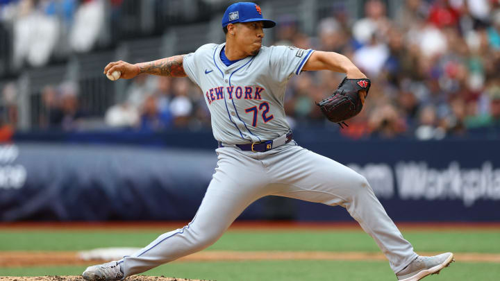 [US, Mexico & Canada customers only] June 9, 2024; London, UNITED KINGDOM;  New York Mets pitcher Dedniel Nunez throws against the Philadelphia Phillies during a London Series baseball game at Queen Elizabeth Olympic Park. Mandatory Credit: Matthew Childs/Reuters via USA TODAY Sports