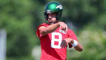 Jul 22, 2023; Florham Park, NJ, USA; New York Jets quarterback Aaron Rodgers (8) participates in drills during the New York Jets Training Camp at Atlantic Health Jets Training Center.