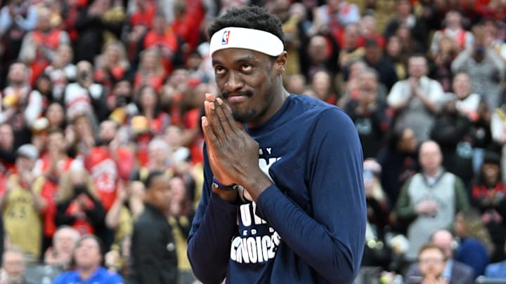 Feb 14, 2024; Toronto, Ontario, CAN;   Indiana Pacers forward Pascal Siakam (43) reacts to a video board tribute by the Toronto Raptors prior to his first game back after a trade to Indiana at Scotiabank Arena. Mandatory Credit: Dan Hamilton-Imagn Images