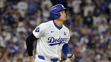 Oct 26, 2024; Los Angeles, California, USA; Los Angeles Dodgers designated hitter Shohei Ohtani (17) walks in the seventh inning against the New York Yankees during game two of the 2024 MLB World Series at Dodger Stadium. Mandatory Credit: Jayne Kamin-Oncea-Imagn Images