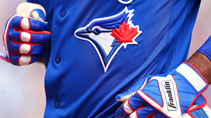 Mar 25, 2018; Dunedin, FL, USA; A view of the Blue Jays logo on an official Majestic game jersey during a game between the Pittsburgh Pirates and the Toronto Blue Jays at Florida Auto Exchange Stadium. Mandatory Credit: Aaron Doster-Imagn Images