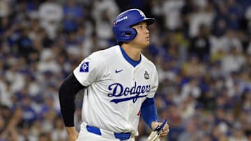 Oct 26, 2024; Los Angeles, California, USA; Los Angeles Dodgers designated hitter Shohei Ohtani (17) walks in the seventh inning against the New York Yankees during game two of the 2024 MLB World Series at Dodger Stadium. Mandatory Credit: Jayne Kamin-Oncea-Imagn Images