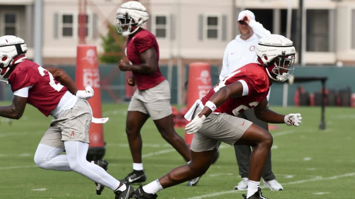 The Crimson Tide football team continued practice Thursday, Aug. 1, 2024, as they prepare for the season opener and the first game under new head coach Kalen DeBoer. Alabama linebacker Noah Carter (24) sprints into a drill.