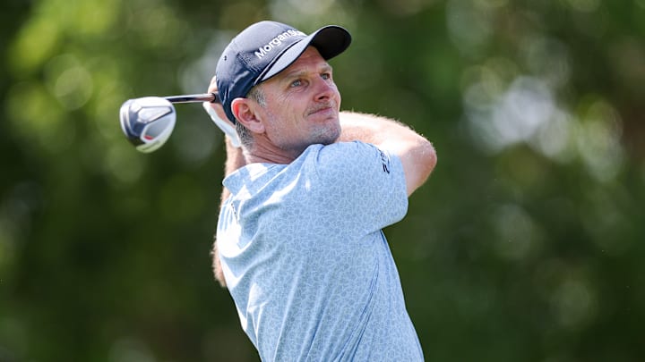 Justin Rose tees off during the third round of the 2025 Arnold Palmer Invitational Presented By Mastercard