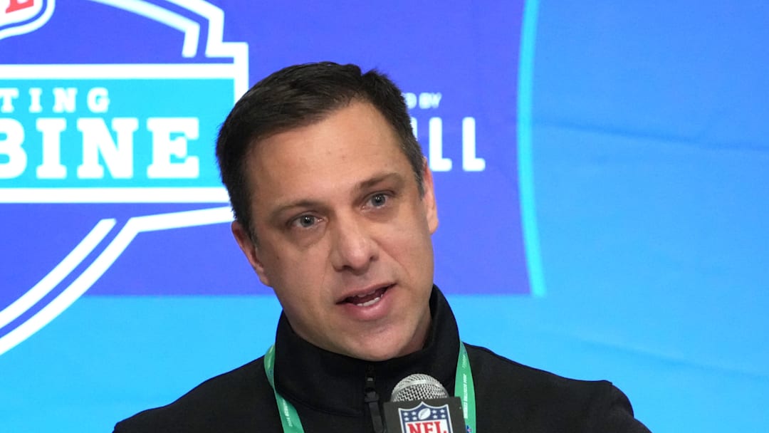 Feb 27, 2024; Indianapolis, IN, USA; Kansas City Chiefs general manager Brett Veach speaks during a press conference at the NFL Scouting Combine at Indiana Convention Center. Mandatory Credit: Kirby Lee-Imagn Images