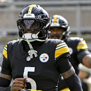 Oct 12, 2025; Pittsburgh, Pennsylvania, USA; Pittsburgh Steelers cornerback Jalen Ramsey (5) warms up before the game at Acrisure Stadium. Mandatory Credit: Barry Reeger-Imagn Images