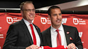 Wisconsin   s new head football coach Luke Fickell, right, is shown with athletic director Chris McIntosh at a news conference November 28, 2022 at Camp Randall Stadium in Madison. He was previously head coach for six seasons at Cincinnati.