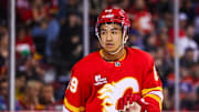 Sep 21, 2025; Calgary, Alberta, CAN; Calgary Flames defenseman Zayne Parekh (89) during the third period against the Edmonton Oilers at Scotiabank Saddledome. Mandatory Credit: Sergei Belski-Imagn Images