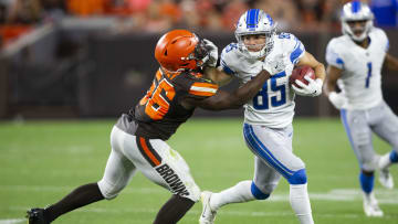 Aug 29, 2019; Cleveland, OH, USA; Detroit Lions wide receiver Tom Kennedy (85) runs the ball against Cleveland Browns linebacker Willie Harvey (56) during the third quarter at FirstEnergy Stadium. The Browns won 20-16. Mandatory Credit: Scott R. Galvin-USA TODAY Sports