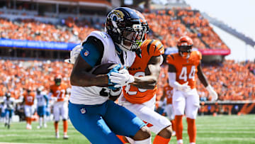 Sep 14, 2025; Cincinnati, Ohio, USA; Jacksonville Jaguars wide receiver Dyami Brown (5) catches a pass for a touchdown in the first half against the Cincinnati Bengals at Paycor Stadium. Mandatory Credit: Katie Stratman-Imagn Images