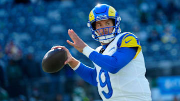 Los Angeles Rams quarterback Matthew Stafford (9) prepares for the game, Sunday, December 22, 2024, at East Rutherford.