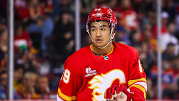 Sep 21, 2025; Calgary, Alberta, CAN; Calgary Flames defenseman Zayne Parekh (89) during the third period against the Edmonton Oilers at Scotiabank Saddledome. Mandatory Credit: Sergei Belski-Imagn Images