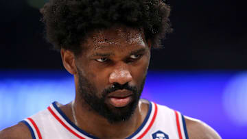 Apr 30, 2024; New York, New York, USA; Philadelphia 76ers center Joel Embiid (21) during the first quarter of game 5 of the first round of the 2024 NBA playoffs against the New York Knicks at Madison Square Garden. Mandatory Credit: Brad Penner-Imagn Images