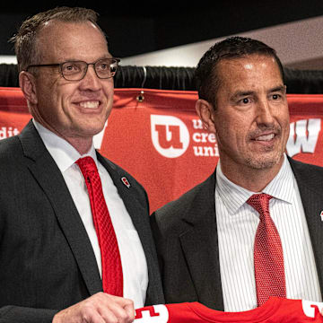 Wisconsin head football coach Luke Fickell, right, is shown with athletic director Chris McIntosh at a news conference November 28, 2022 at Camp Randall Stadium in Madison. He was previously head coach for six seasons at Cincinnati.