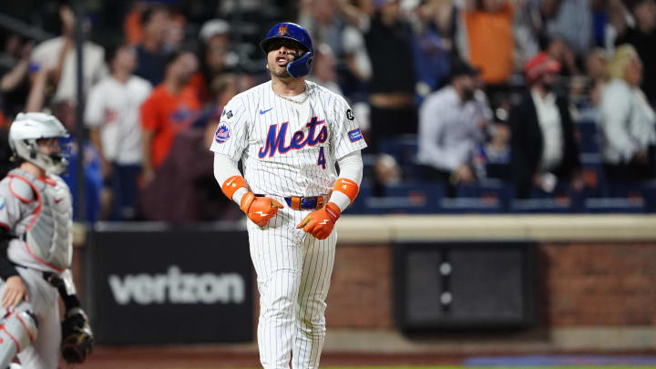 New York Mets catcher Francisco Alvarez (4) reacts to hitting a game winning walk off home run against the Baltimore Orioles during the ninth inning at Citi Field on Aug 19.