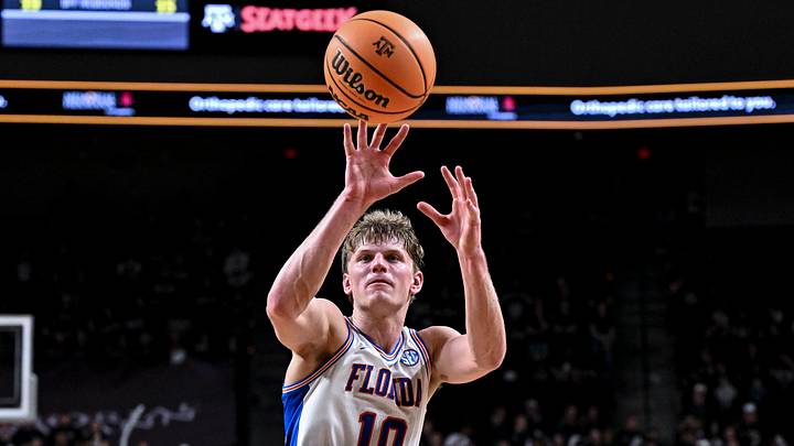 Feb 7, 2026; College Station, Texas, USA; Florida Gators forward Thomas Haugh (10) looks to grab a rebound during the second half against the Texas A&M Aggies at Reed Arena. Mandatory Credit: Maria Lysaker-Imagn Images
