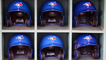 Mar 20, 2018; Clearwater, FL, USA; Toronto Blue Jays helmets sit in the dugout before the start of a Spring Training baseball game against the Philadelphia Phillies at Spectrum Field