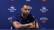 Sep 26, 2022; New Orleans, LA, USA;  New Orleans Pelicans general manager Trajan Langdon during a press conference at the New Orleans Pelicans Media Day from the Smoothie King Center. Mandatory Credit: Stephen Lew-Imagn Images