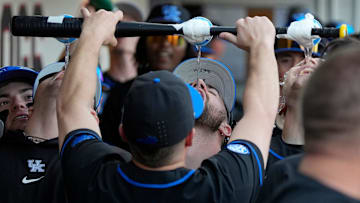 Kentucky celebrates after scoring three runs during a NCAA baseball game against Georgia on March 14, 2025.