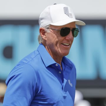 Apr 7, 2024; Miami, Florida, USA; Greg Norman walks on the practice ice green before the final round