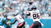 Sep 21, 2025; Jacksonville, Florida, USA; Houston Texans tight end Dalton Schultz (86) receives a pass during the first quarter against the Jacksonville Jaguars at EverBank Stadium. Mandatory Credit: Morgan Tencza-Imagn Images